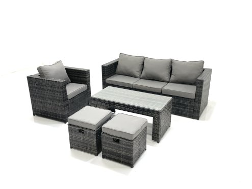 Fimous Rattan Garden Furniture Set Outdoor Lounger Sofa with Coffee Table Armchair 2 Small Footstools Dark Grey Mixed