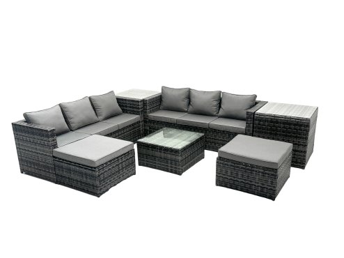 Fimous Outdoor Rattan Garden Furniture Set 8 Seater Patio Lounge Sofa Set with Square Coffee Table 2 Side Tables 2 Big Footstools Dark Grey Mixed