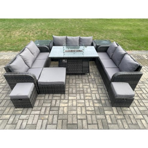 Fimous Outdoor Rattan Furniture Garden Dining Set Gas Fire Pit Table With 2 Side Tables Lounge Sofa 3 Footstool
