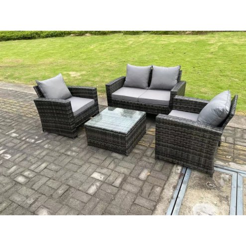 Fimous 4 Seater Dark Grey Mixed High Back Rattan Sofa Set Square Coffee Table Garden Furniture Outdoor Patio