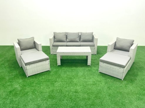 Fimous Rattan Garden Furniture Set 7 Seater Outdoor Garden Sofa 2 Chairs Oblong Coffee Table Set with 2 Stools Light Grey Mixed