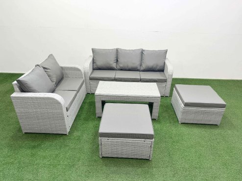 Fimous 7 Seater PE Rattan Wicker Garden Furniture Patio Conservatory Sofa Set with Oblong Coffee Table 3 Seater Sofa Love Sofa 2 Big Footstool