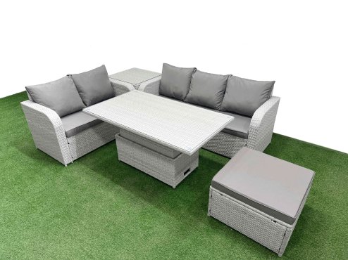 Fimous 6 Seater PE Rattan Wicker Garden Furniture Patio Conservatory Sofa Set with Adjustable Lifting Dining or Coffee Table 3 Seater Sofa Love Sofa Big Footstool Side Table