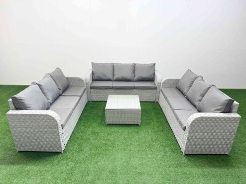 Fimous PE Rattan Lounge Sofa Set 9 Seater Outdoor Garden Furniture Set with Square Coffee Table 3 Seater Sofa Light Grey