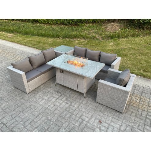 Fimous Light Grey Corner Rattan FirePit Garden Furniture Set Gas Heater Burner Lounge Sofa With Side Coffee Table And Chair