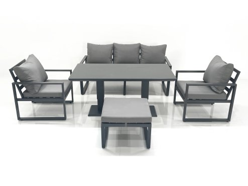 Fimous Outdoor Aluminium Garden Furniture Set with Adjustable Rising Lifting Dining Table 3 Seater Sofa 2 Chair Big Footstool Dark Grey