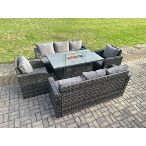 Fimous Rattan Outdoor Garden Furniture Sofa Set Gas Fire Pit Dining Table Gas Heater with 3 Seater Sofa Recling Chair 8 Seater Dark Grey Mixed