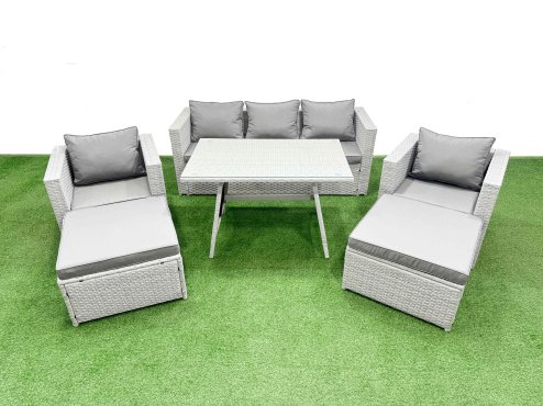 Fimous 7 Pieces Outdoor PE Rattan Sofa Armchair Set Patio Garden Furniture Sets with Cushions 2 Big Stools Light Grey