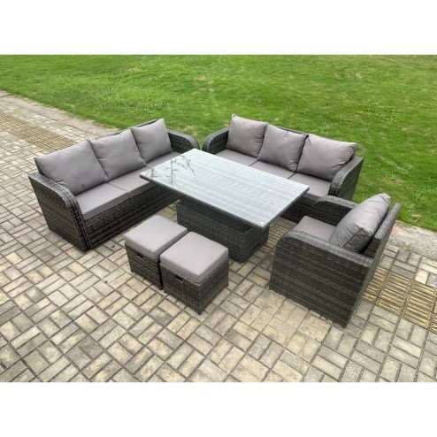 Fimous Outdoor Rattan Garden Furniture Sets Height Adjustable Rising lifting Dining Table Sofa Set with Reclining Chair 2 Small Footstool Dark Grey Mixed
