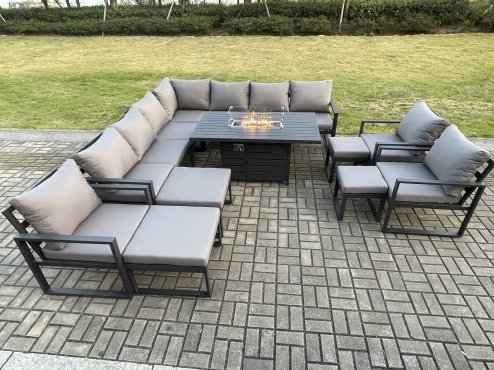 Fimous Aluminium 14 Seater Lounge Corner Sofa Outdoor Garden Furniture Sets Gas Fire Pit Dining Table Set Dark with 3 Chairs 2 Big Footstools 2 Small Footstools Grey