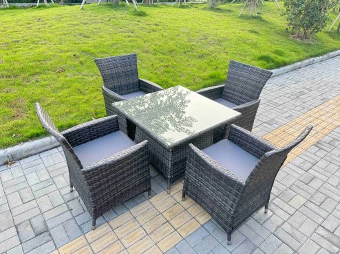 Fimous Rattan Garden Furniture Dining Set 4-seater Patio Square Table Chairs Outdoor Dark Grey Mixed