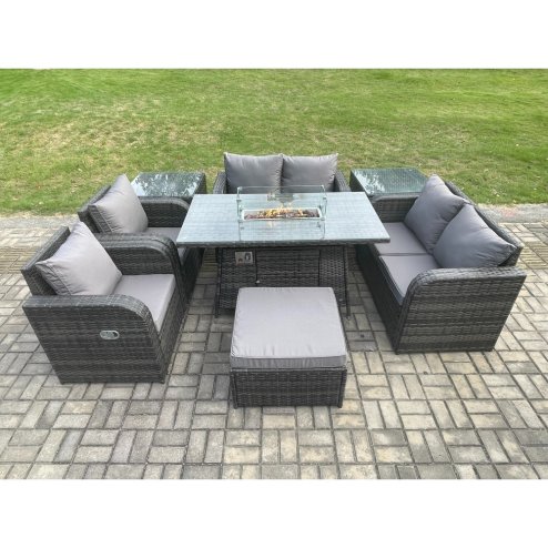 Fimous 7 Seater Rattan Garden Furniture Set Propane Gas Fire Pit Table and Sofa Chair set with 2 Side Tables Big Footstool