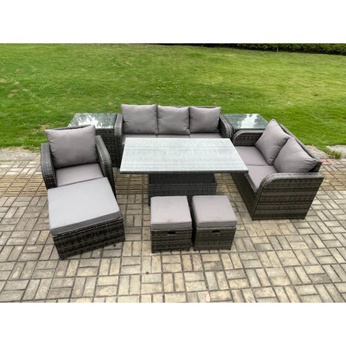 Fimous Rattan Outdoor Furniture Garden Dining Set Patio Height Adjustable Rising lifting Table Reclining Chair Sofa With 2 Side Tables 3 Footstools Dark Grey Mixed
