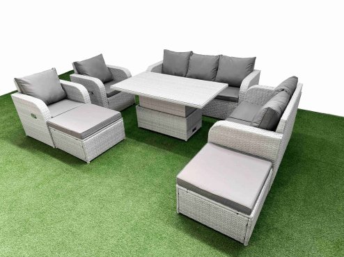 Fimous PE Rattan Garden Furniture Set Reclining Chair Sofa Double Love Seat 2 Seater Sofa Lounge Set Adjustable Lifting Dining or Coffee Table 2 Big Footstool Light Grey Image