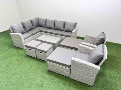 Fimous 12 Seater Garden Outdoor PE Rattan Furniture Set Rattan Garden Sofa Set with 4 Footstools 2 Chair Light Grey Mixed