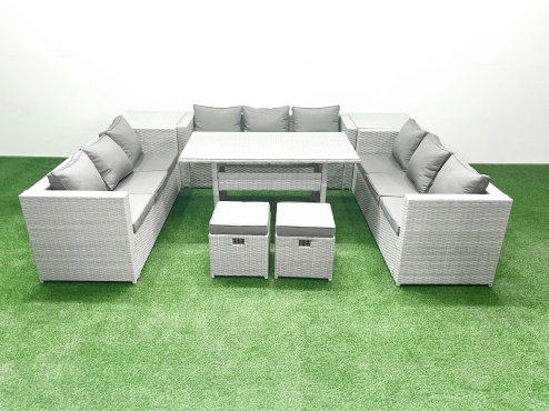 Fimous Rattan Garden Outdoor Furniture Set 11 Seater Garden Sofa Rectangulr Dining Table Set with 2 Small Footstool 2 Side Tables Light Grey Mixed