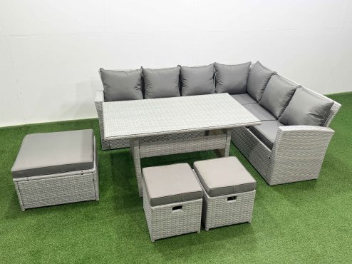 Fimous Rattan Garden Furniture Set Outdoor 9 Seater Patio Dining Corner Sofa Sets with Dining Table 3 Footstools Light Grey Mixed
