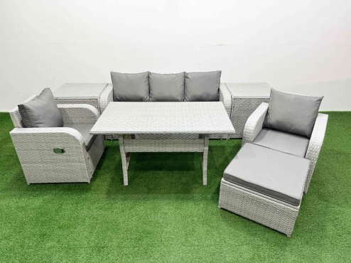 Fimous PE Rattan Garden Furniture Set Reclining Chair Sofa Lounge Sofa Set Rectangular Dining Table 2 Side Table Big Footstool Light Grey