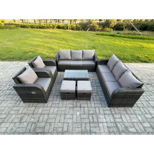 Fimous Rattan Outdoor Garden Furniture Sofa Set Patio Table & Chairs Set with 3 Seater Sofa Reclining Chair 2 Small Footstools Dark Grey Mixed