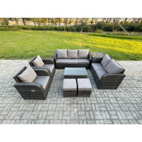 Fimous 9 Seater Rattan Wicker Garden Furniture Patio Conservatory Sofa Set with Rectangular Coffee Table 3 Seater Sofa Love Sofa 2 Small Footstools Side Table