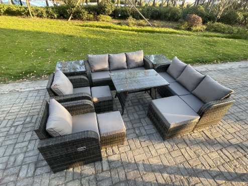 Fimous 11 Seater Rattan Outdoor Garden Furniture Sofa Set Patio Table & Chairs Set with 3 Seater Sofa Rectangular Dining Table 3 Footstool 2 Side Tables Dark Grey Mixed