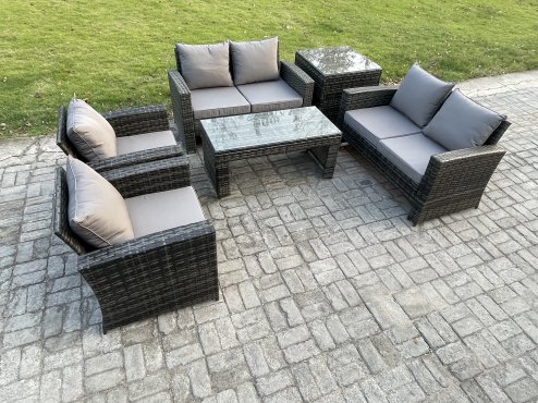 Fimous 6 Seater Dark Grey Mixed High Back Rattan Sofa Set Coffee Table Garden Furniture Outdoor Patio With Love Sofa Arm Chairs Side Table