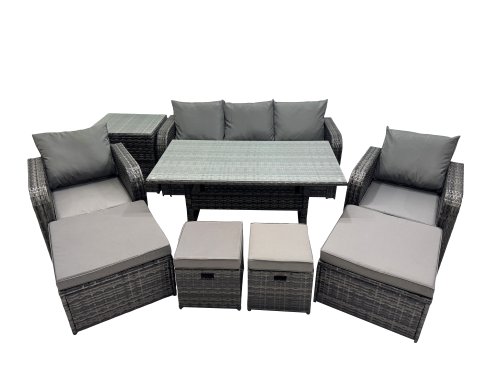 Fimous 8 Seat Outdoor Wicker PE Rattan Garden Furniture Set Dining Table Sofa Set with 4 Stools Side Table Dark Grey Mixed