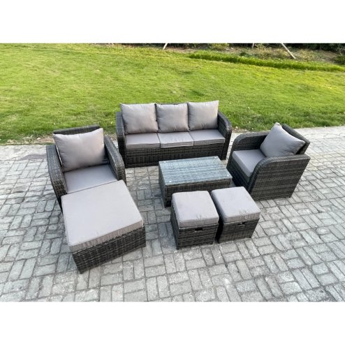 Fimous 8 Seater Rattan Garden Furniture Set Patio Outdoor Lounge Sofa Set with Rectangular Coffee Table 3 Footstools 3 Seater Sofa Dark Grey Mixed