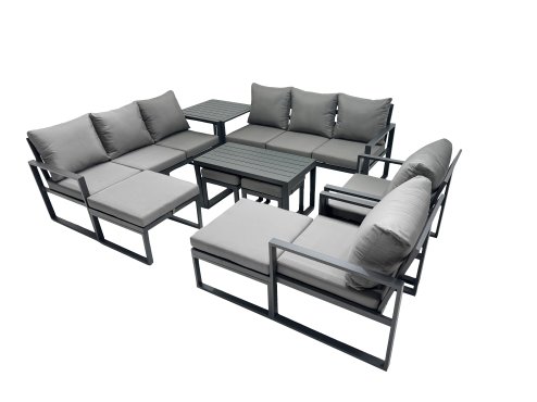 Fimous Outdoor Garden Furniture Set Aluminium Lounge 3 Seat Sofa Oblong Coffee Table Sets with 2 Chairs 4 Stools Side Table Dark Grey