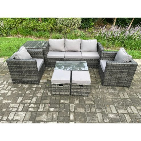 Fimous Rattan Garden Furniture Set with 3 Seater Sofa Coffee Table Side Table 2 Armchairs 2 Small Footstools Indoor Outdoor Patio Lounge Sofa Set Dark Grey Mixed