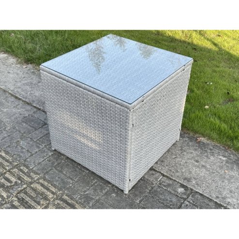 Fimous Light Grey Rattan Cube Side Table Tea Coffee Table Outdoor Garden Furniture Accessory With Clear Tempered Glass