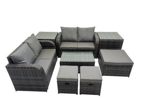 Fimous Outdoor Love Sofa Coffee Table Set Garden Rattan Furniture Set 7 Seater with 3 Stools 2 Side Tables Dark Grey
