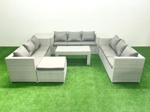 Fimous Rattan Garden Outdoor Furniture Set 10 Seater Garden Sofa Oblong Coffee Table Set with Big Footstool Side Table Light Grey Mixed