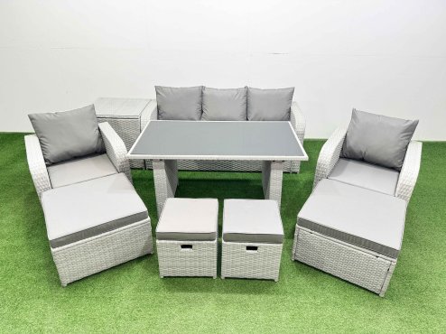 Fimous 9 Seater Patio Garden Furniture Sets with Black Glass Top Dining Table Love Sofa Side Table 4 Stools Light Grey