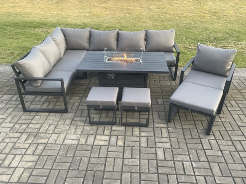 Fimous Aluminium 9 Pieces Garden Furniture Corner Sofa Set with Cushions Gas Fire Pit Dining Table Set with Chair 3 Footstools Dark Grey