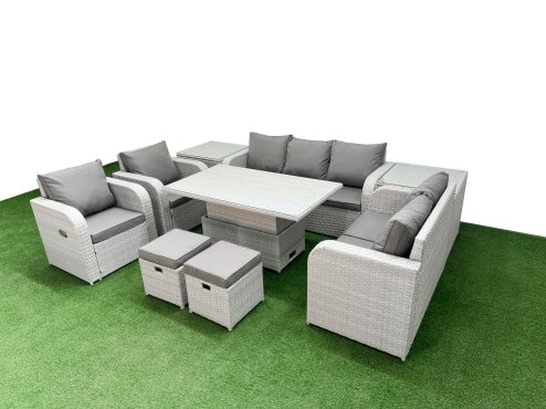 Fimous PE Rattan Garden Furniture Set Reclining Chair Sofa Double Love Seat 2 Seater Sofa Lounge Set Adjustable Lifting Dining or Coffee Table 2 Stools 2 Side Table Light Grey