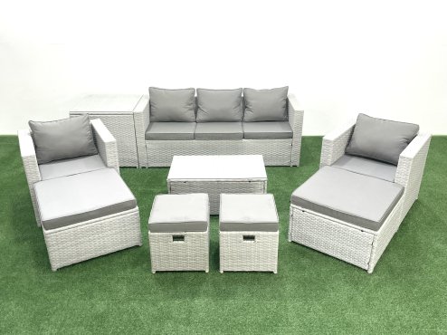 Fimous 9 Pieces Rattan Garden Furniture Set Outdoor Garden Sofa Chair Coffee Table Set with Side Table 4 Footstools Light Grey Mixed