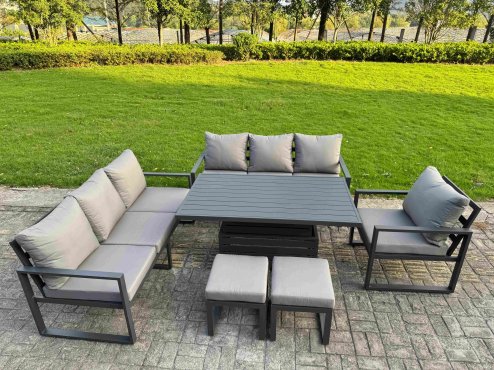 Fimous Aluminium Garden Furniture Sets,8 Seater Outdoor Sofa Dining Set with Adjustable Rising Lifting Dining Table 2 Side Tables Big Footstool for Yard,Poolside, Patio, Dark Grey