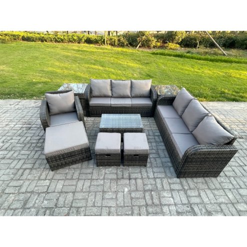 Fimous 10 Seater Rattan Lounge Sofa Set Outdoor Garden Furniture Set with Rectangular Coffee Table 3 Seater Sofa 3 Footstools 2 Side Tables Dark Grey Mixed