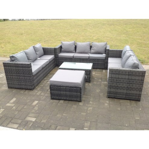 Fimous Outdoor Rattan Garden Furniture Lounge Sofa Set With Oblong Coffee Table With Big Footstool