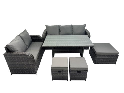 Fimous 8 Seat Outdoor Wicker PE Rattan Garden Furniture Set Dining Table Sofa Sets with 3 Stools Dark Grey Mixed