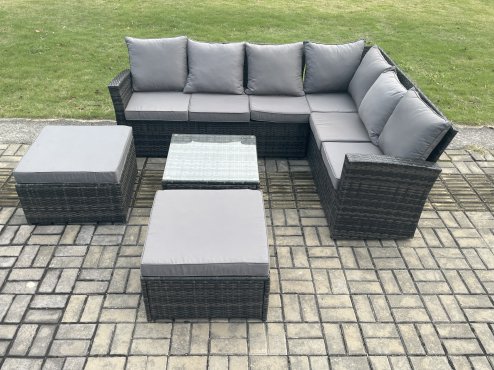 Fimous 8 Seater Wicker PE Outdoor Garden Furniture Set High Back Rattan Corner Sofa Set with 2 Big Footstool Square Coffee Table