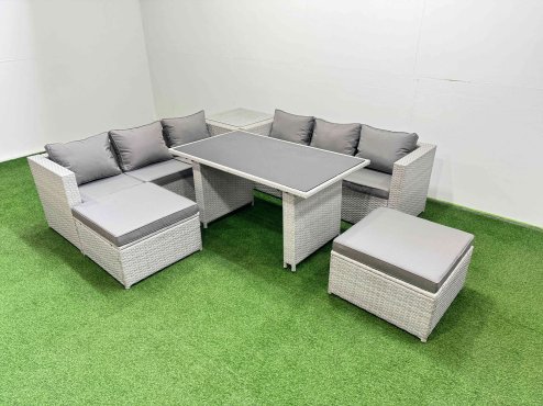Fimous Rattan Garden Furniture Dining Set 8-seater Patio Rectangular Table Sofa Set with Side Table 2 Big Stools Light Grey