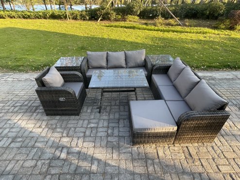 Fimous Outdoor Lounge Sofa Set Wicker PE Rattan Garden Furniture Set with Rectangular Dining Table Reclining Chair 2 Side Tables Big Footstool Dark Grey Mixed