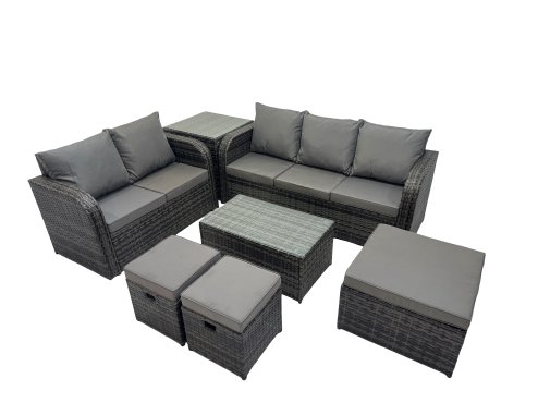 Fimous Outdoor Love Sofa 3 Seater Sofa Coffee Table Set Garden Rattan Furniture Set 8 Seater with Side Table 3 Stools Dark Grey