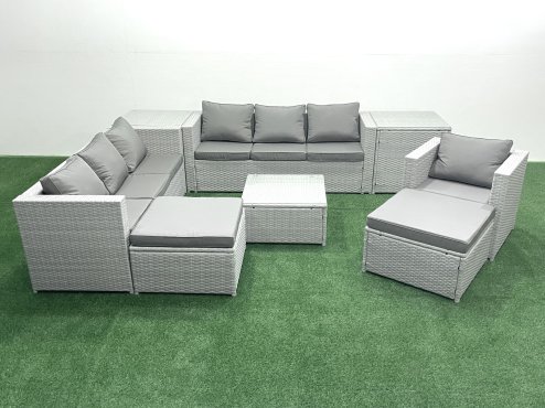 Fimous Wicker PE Rattan Sofa Garden Furniture Set with Armchair Square Coffee Table 2 Big Footstools 2 Side Tables Light Grey Mixed