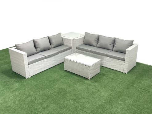 Fimous Garden Outdoor PE Rattan Furniture Set 6 Seater Rattan Garden Sofa Set with Side Table Light Grey Mixed