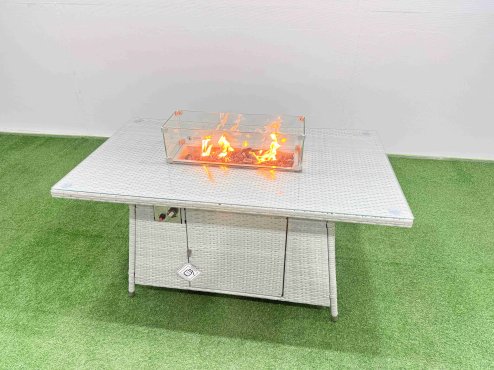 Fimous Rattan Corner Sofa Chair Set Outdoor Furniture Garden Dining Set Gas Fire Pit Table with Temper Glass 2 Footstools Light Grey Mixed