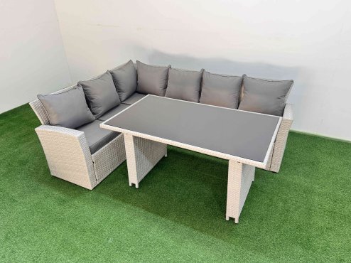 Fimous 6 Seater Wicker Rattan Corner Sofa Sets Outdoor Garden Furniture Sets with Rectangular Dining Table Lounge Sofa Light Grey