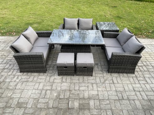 Fimous 7 pieces Outdoor Lounge Sofa Set Wicker PE Rattan Garden Furniture Set with Rising Lifting Table Double Seat Sofa Side Table 2 Small Footstools Dark Grey Mixed